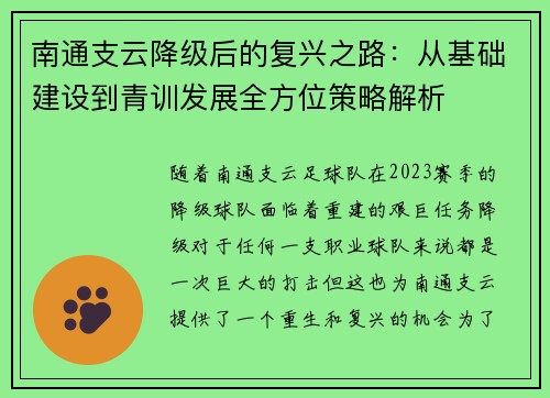 南通支云降级后的复兴之路：从基础建设到青训发展全方位策略解析